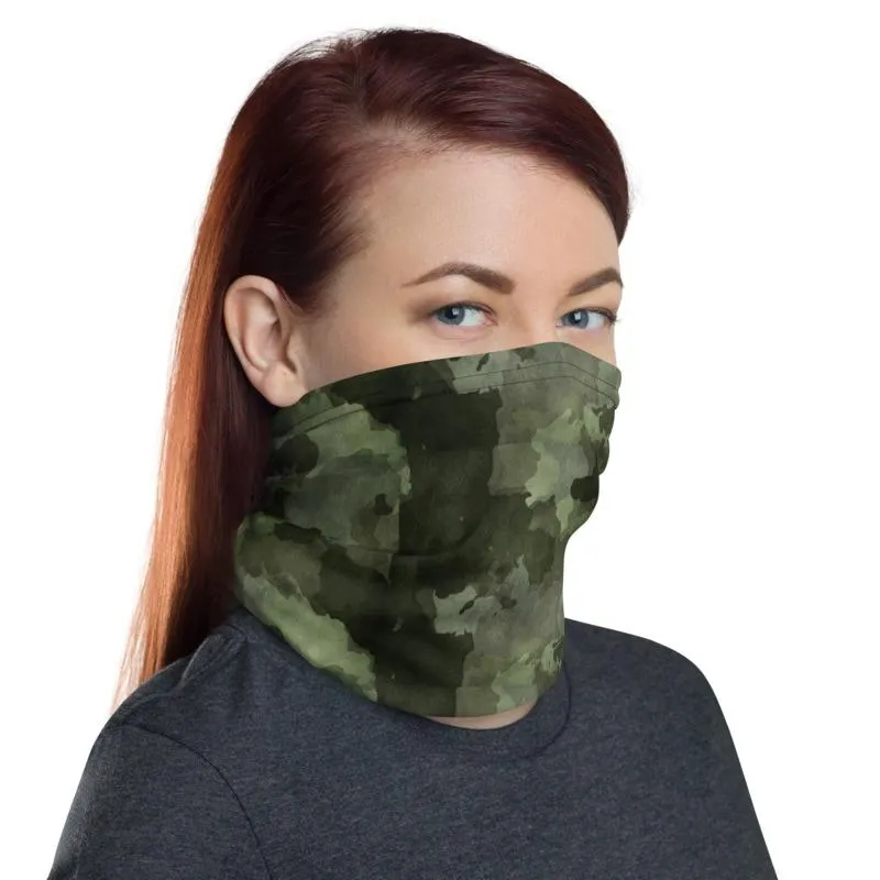 Army green black camouflage tactical military design, Cameo Neck Gaiter scarf mask reusable washable fabric tube Face cover, unisex men women