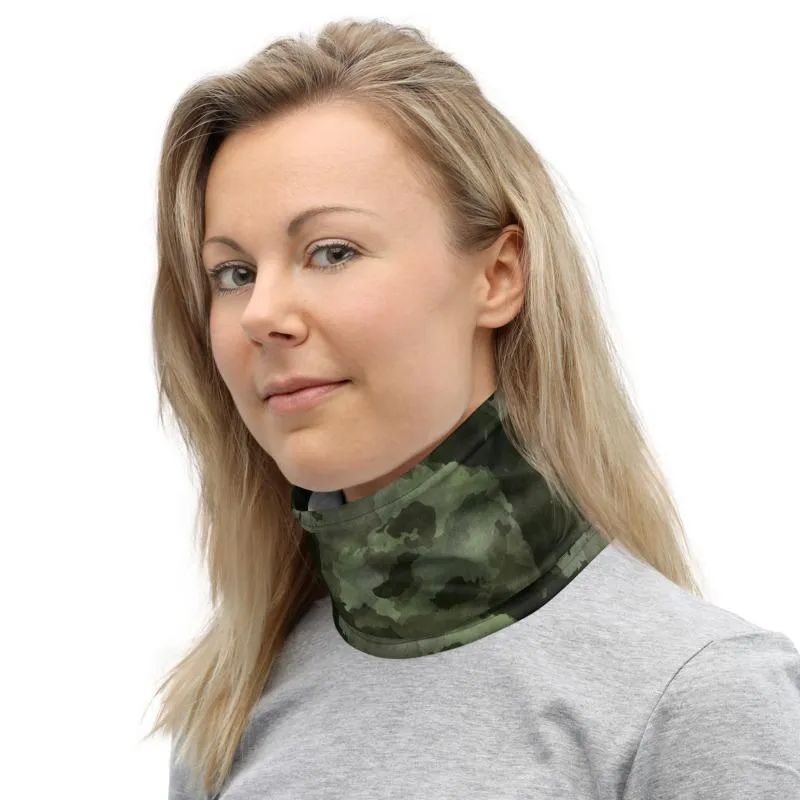 Army green black camouflage tactical military design, Cameo Neck Gaiter scarf mask reusable washable fabric tube Face cover, unisex men women