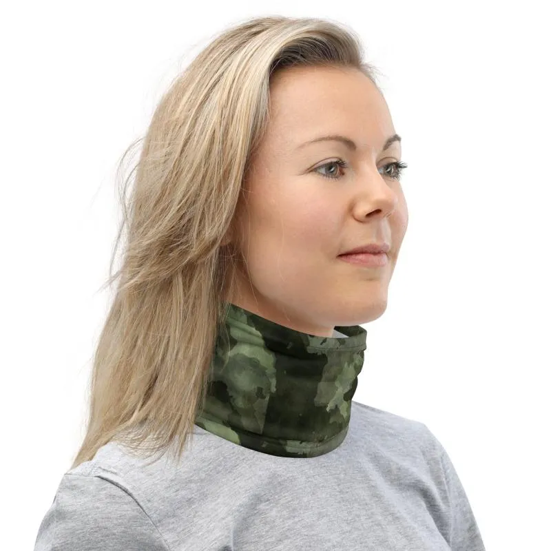 Army green black camouflage tactical military design, Cameo Neck Gaiter scarf mask reusable washable fabric tube Face cover, unisex men women