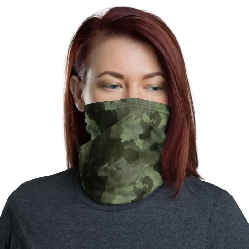 Army green black camouflage tactical military design, Cameo Neck Gaiter scarf mask reusable washable fabric tube Face cover, unisex men women