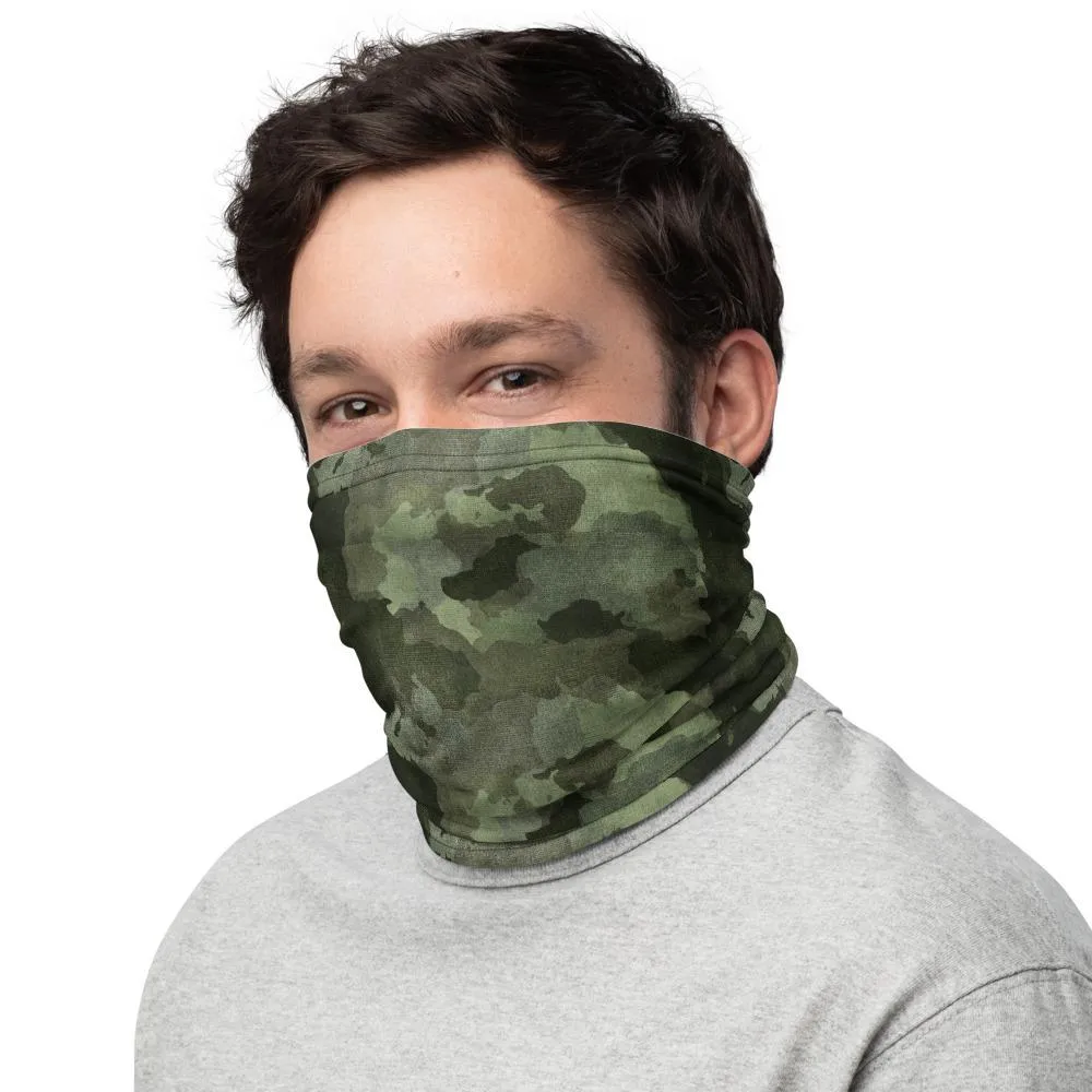 Army green black camouflage tactical military design, Cameo Neck Gaiter scarf mask reusable washable fabric tube Face cover, unisex men women