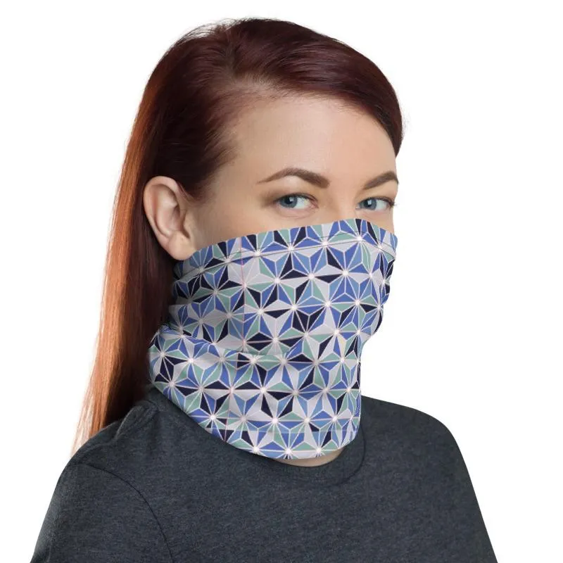 Blue geometric abstract pattern designer face mask covers, Neck Gaiter tube scarf, Hairband, Hood, headband, Balaclava Beanie, men & women