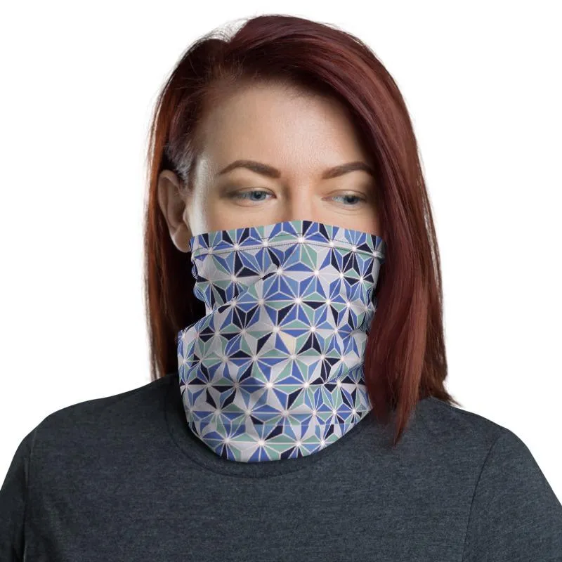 Blue geometric abstract pattern designer face mask covers, Neck Gaiter tube scarf, Hairband, Hood, headband, Balaclava Beanie, men & women