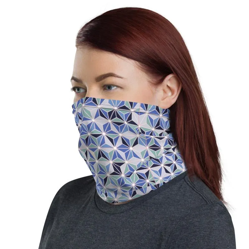 Blue geometric abstract pattern designer face mask covers, Neck Gaiter tube scarf, Hairband, Hood, headband, Balaclava Beanie, men & women