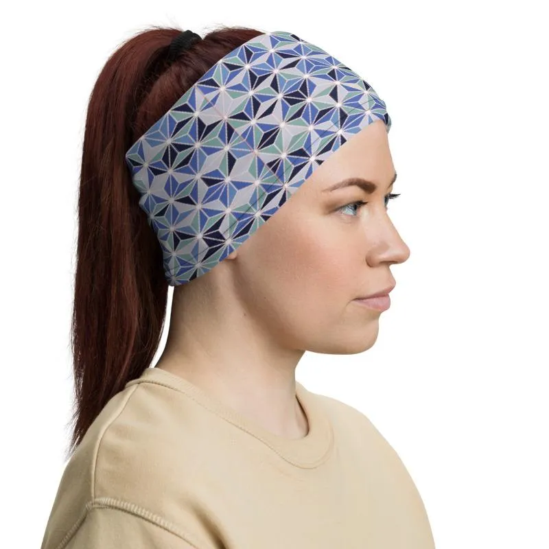 Blue geometric abstract pattern designer face mask covers, Neck Gaiter tube scarf, Hairband, Hood, headband, Balaclava Beanie, men & women