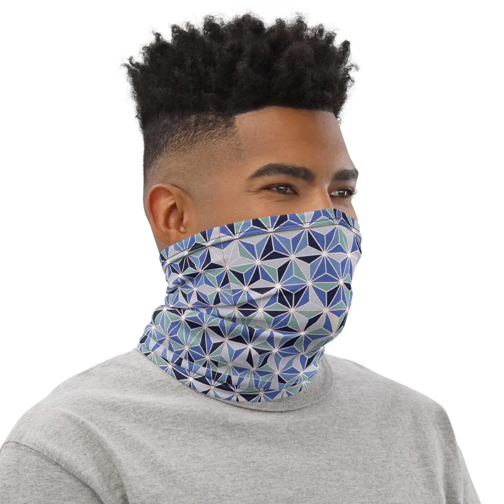 Blue geometric abstract pattern designer face mask covers, Neck Gaiter tube scarf, Hairband, Hood, headband, Balaclava Beanie, men & women