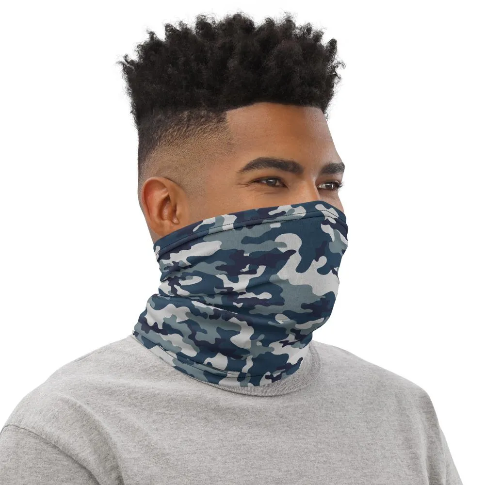 Blue grey navy camouflage military army, hunting cool tactical designer face mask covers, Neck Gaiter tube scarf, Bandana gift for boys men