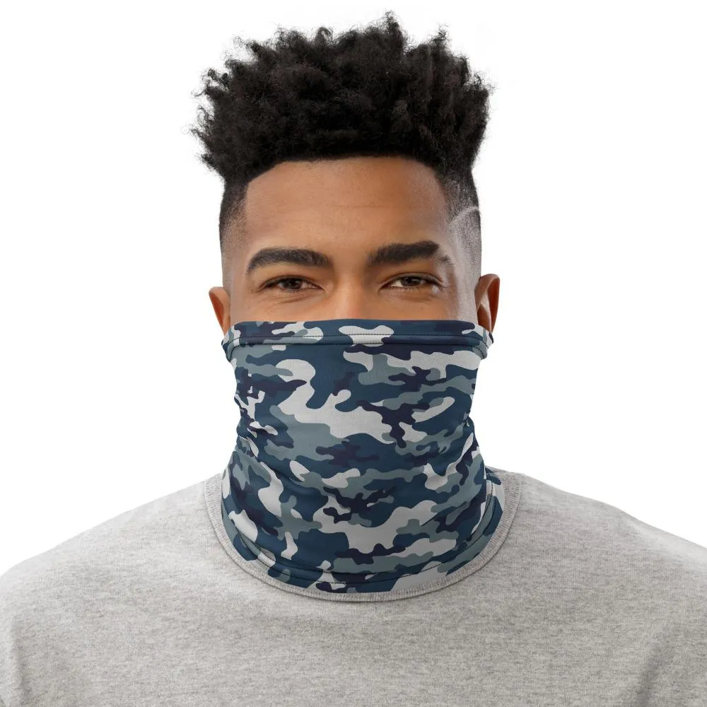 Blue grey navy camouflage military army, hunting cool tactical designer face mask covers, Neck Gaiter tube scarf, Bandana gift for boys men