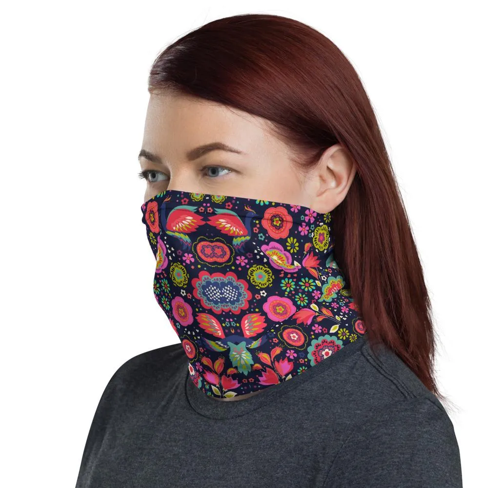 Colorful flower blue bird abstract floral designer face mask covers, girls & women, Neck Gaiter scarf, Hairband, headband, Balaclava Beanie