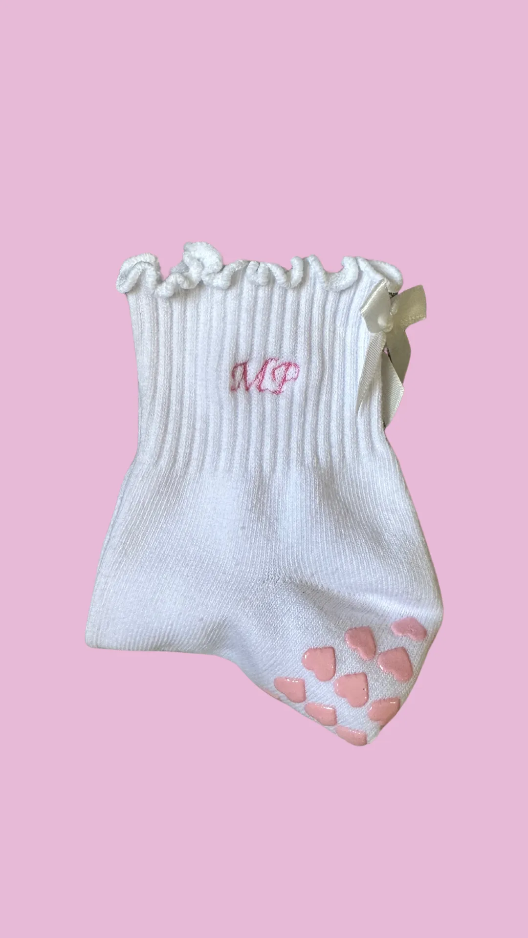 Custom initial white ruffle & white bow embroidered grip sock with pink heart grips