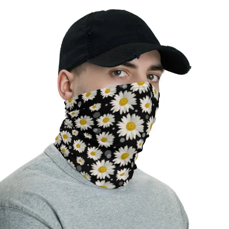 Cute large white fdaisy flower Floral watercolor Print, black fabric pattern, Neck face warmer Gaiter Scarf, headband Bandanna mask scarves - us ship