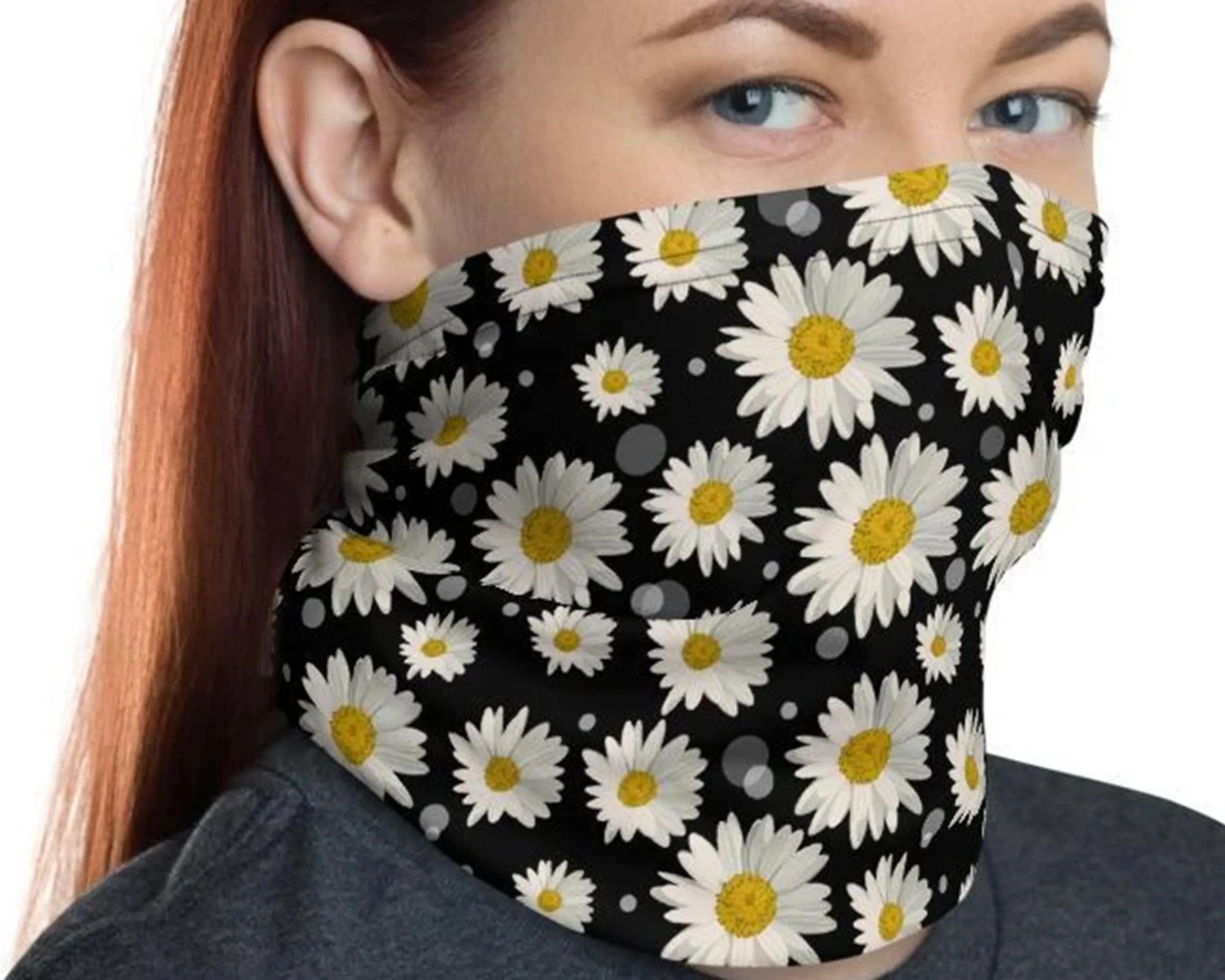 Cute large white fdaisy flower Floral watercolor Print, black fabric pattern, Neck face warmer Gaiter Scarf, headband Bandanna mask scarves - us ship