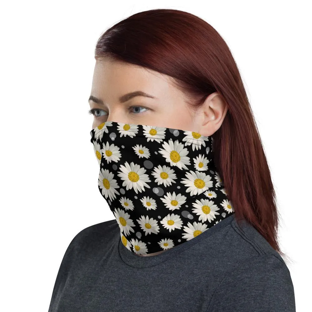 Cute large white fdaisy flower Floral watercolor Print, black fabric pattern, Neck face warmer Gaiter Scarf, headband Bandanna mask scarves - us ship