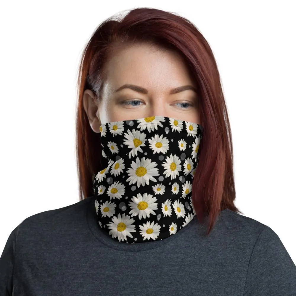 Cute large white fdaisy flower Floral watercolor Print, black fabric pattern, Neck face warmer Gaiter Scarf, headband Bandanna mask scarves - us ship