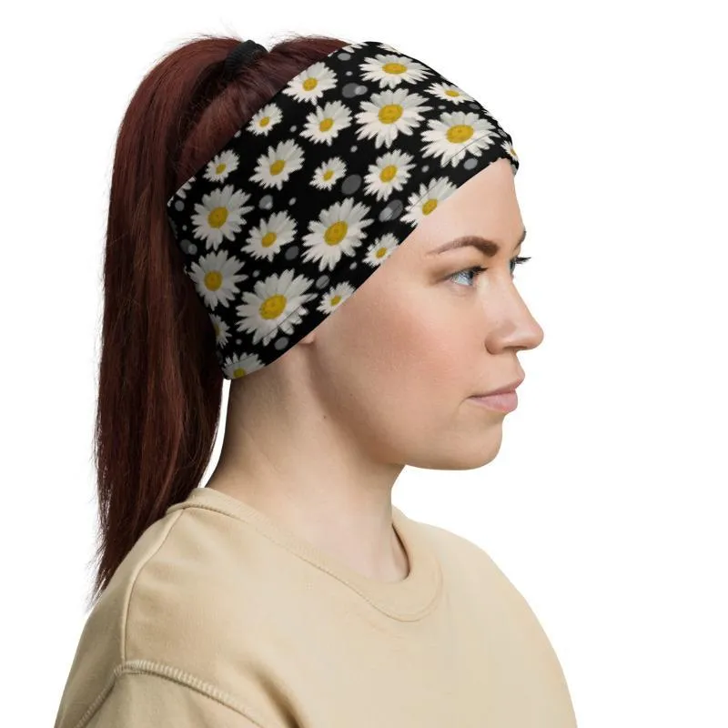 Cute large white fdaisy flower Floral watercolor Print, black fabric pattern, Neck face warmer Gaiter Scarf, headband Bandanna mask scarves - us ship