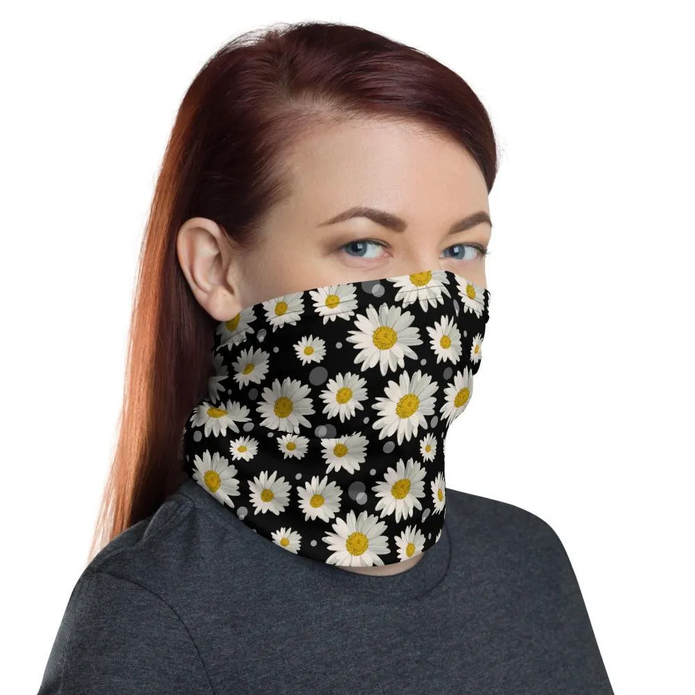 Cute large white fdaisy flower Floral watercolor Print, black fabric pattern, Neck face warmer Gaiter Scarf, headband Bandanna mask scarves - us ship