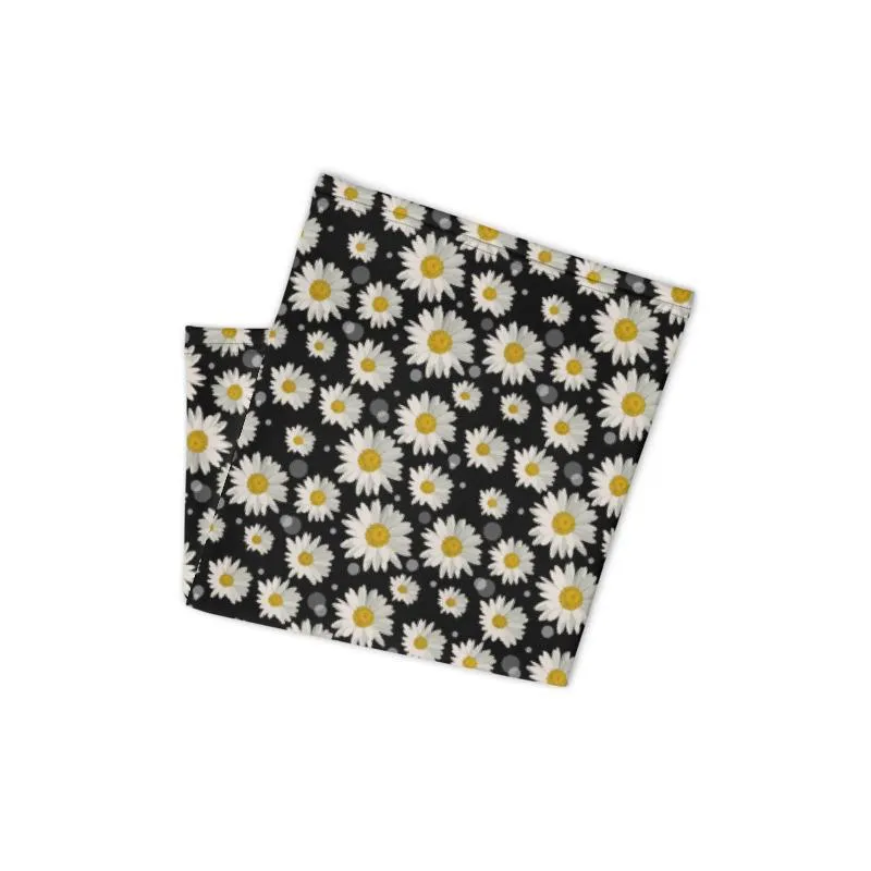 Cute large white fdaisy flower Floral watercolor Print, black fabric pattern, Neck face warmer Gaiter Scarf, headband Bandanna mask scarves - us ship