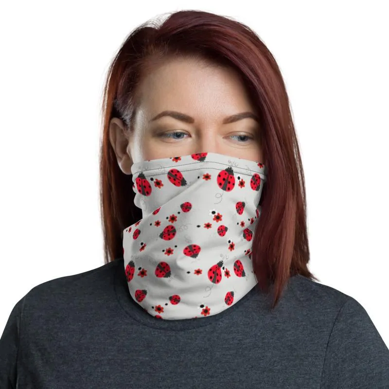 Cute Red lady animated bug white flowers pattern Neck Gaiter tube scarves, face mask covers, Bandana, headband, Beanie, ladies, girls, women