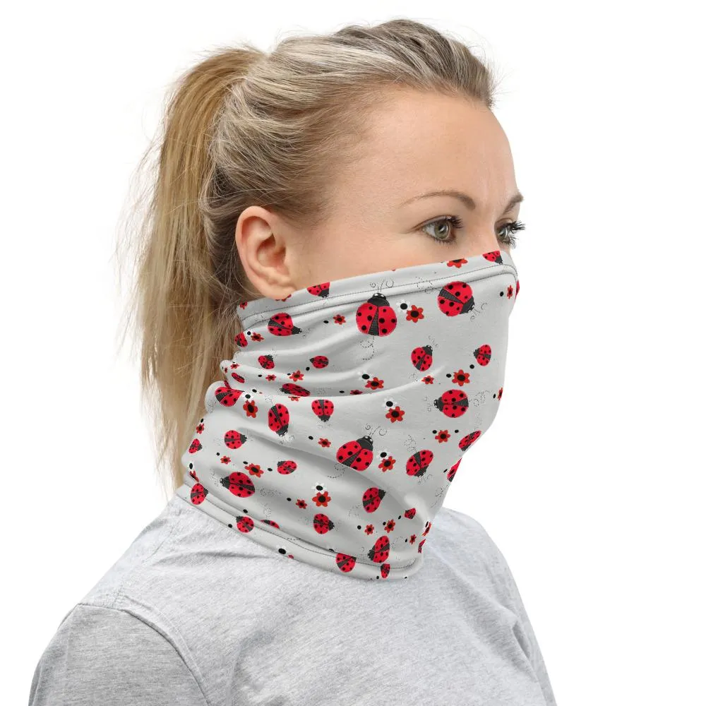 Cute Red lady animated bug white flowers pattern Neck Gaiter tube scarves, face mask covers, Bandana, headband, Beanie, ladies, girls, women