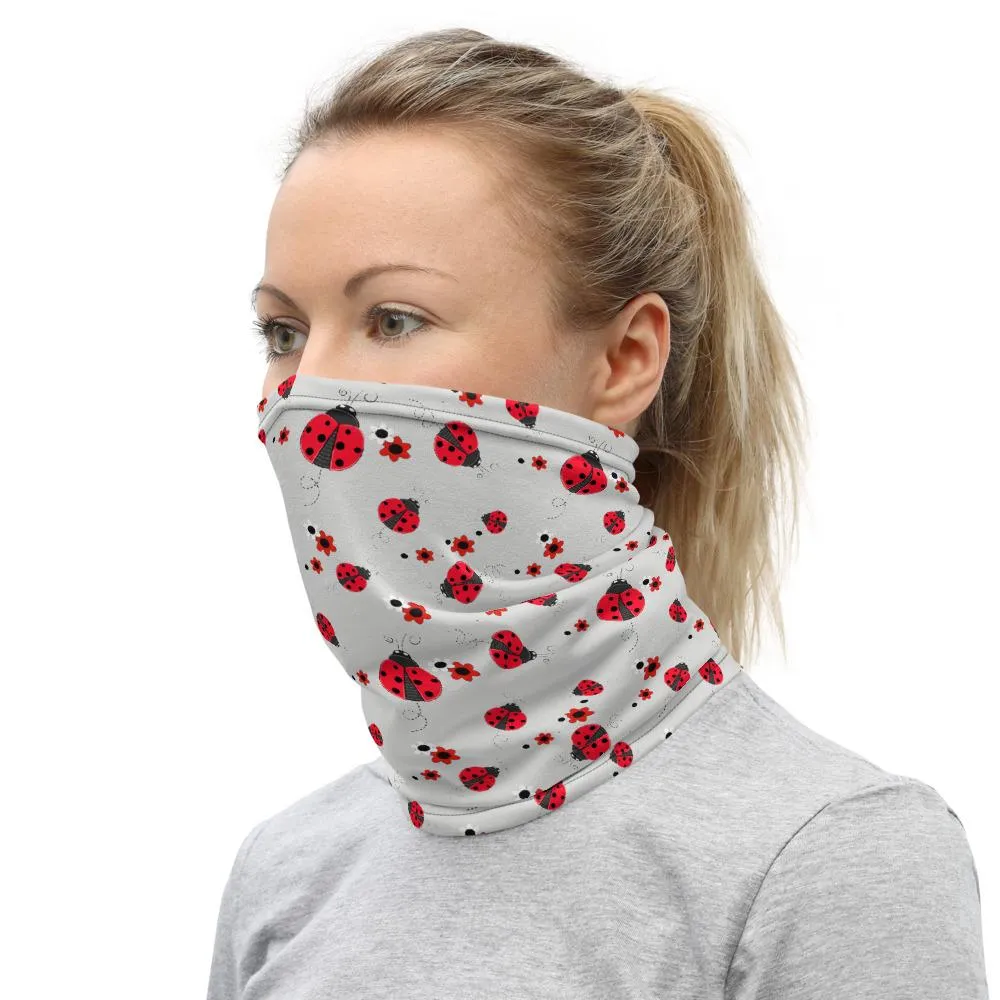 Cute Red lady animated bug white flowers pattern Neck Gaiter tube scarves, face mask covers, Bandana, headband, Beanie, ladies, girls, women