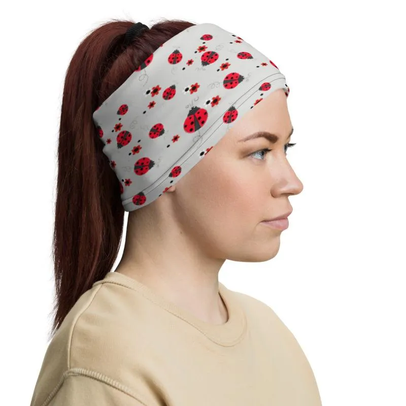 Cute Red lady animated bug white flowers pattern Neck Gaiter tube scarves, face mask covers, Bandana, headband, Beanie, ladies, girls, women