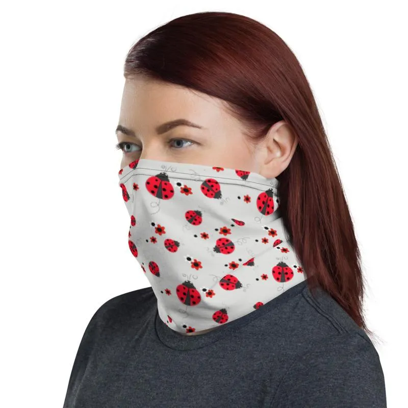 Cute Red lady animated bug white flowers pattern Neck Gaiter tube scarves, face mask covers, Bandana, headband, Beanie, ladies, girls, women