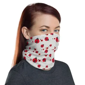 Cute Red lady animated bug white flowers pattern Neck Gaiter tube scarves, face mask covers, Bandana, headband, Beanie, ladies, girls, women