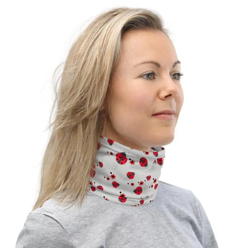 Cute Red lady animated bug white flowers pattern Neck Gaiter tube scarves, face mask covers, Bandana, headband, Beanie, ladies, girls, women