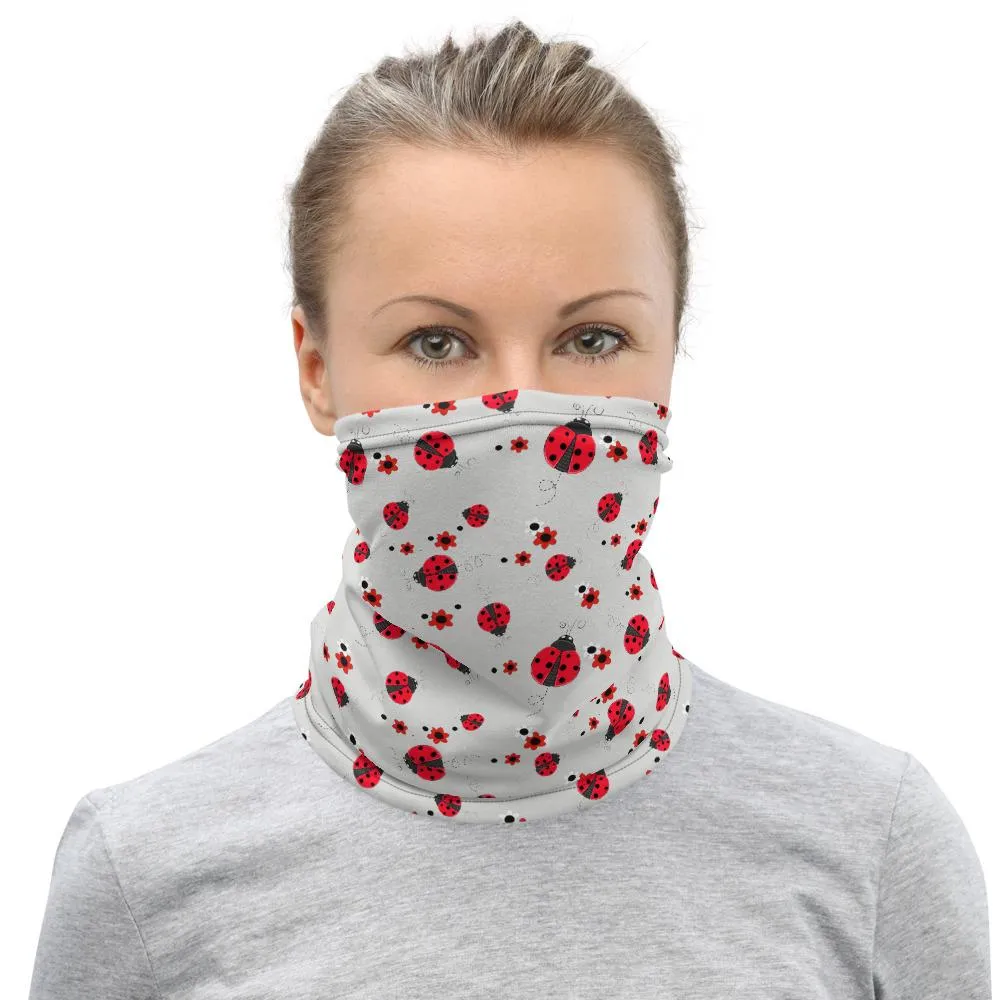 Cute Red lady animated bug white flowers pattern Neck Gaiter tube scarves, face mask covers, Bandana, headband, Beanie, ladies, girls, women