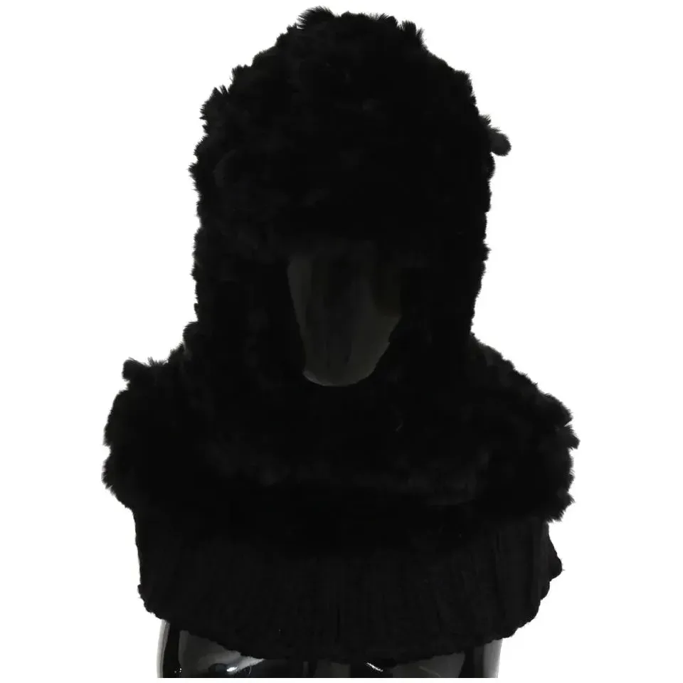 Dolce & Gabbana Black Silver Fox Fur Cashmere Hooded Scarf