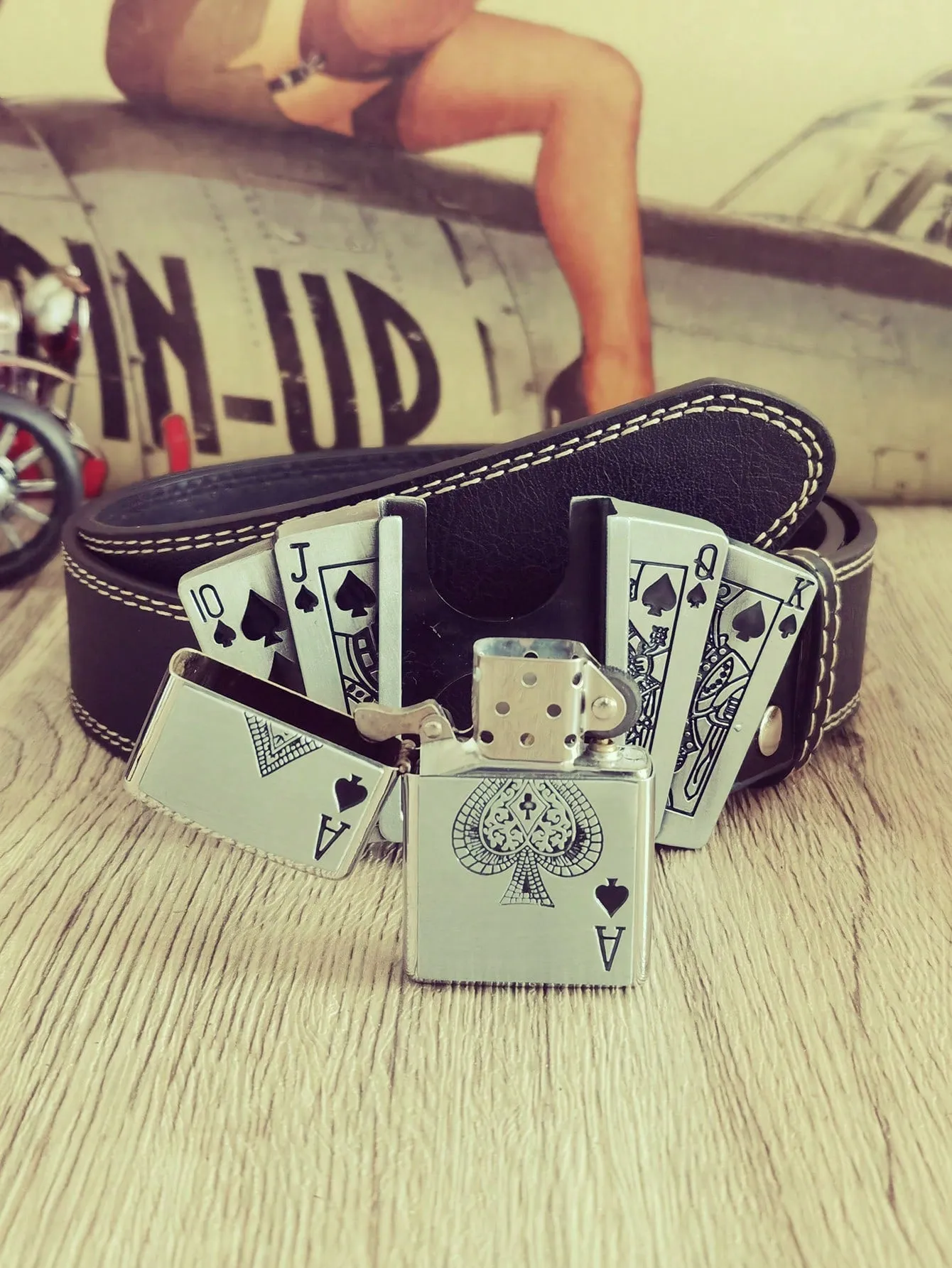 Fashion Retro Western Cowboy Gothic Style Poker Lighter with Belt for Men