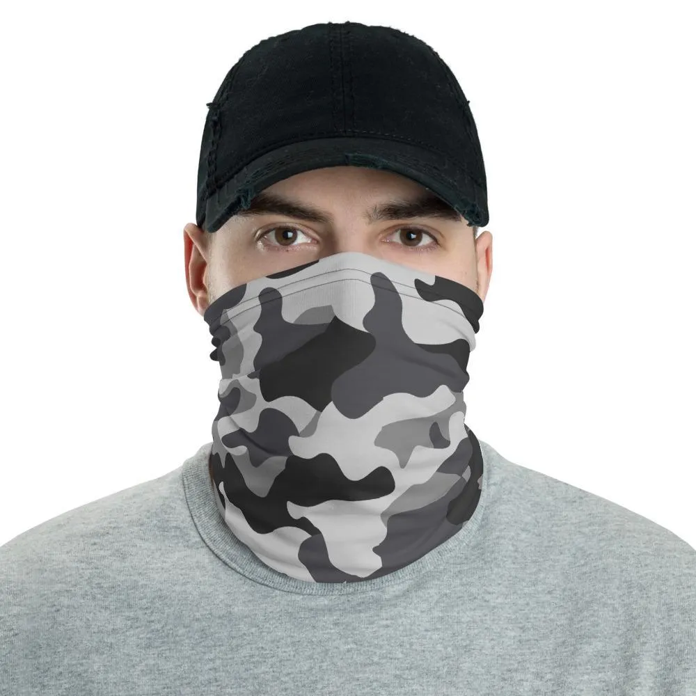 Gray Camouflage washable reusable scarves mask, grey military army tactical camo fabric print patter, neck gaiter bandana mens cover scarf