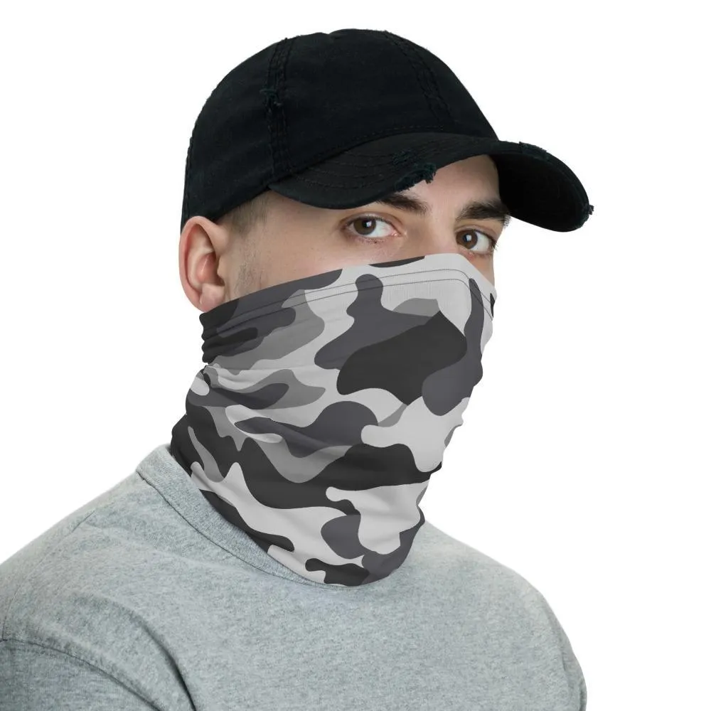 Gray Camouflage washable reusable scarves mask, grey military army tactical camo fabric print patter, neck gaiter bandana mens cover scarf