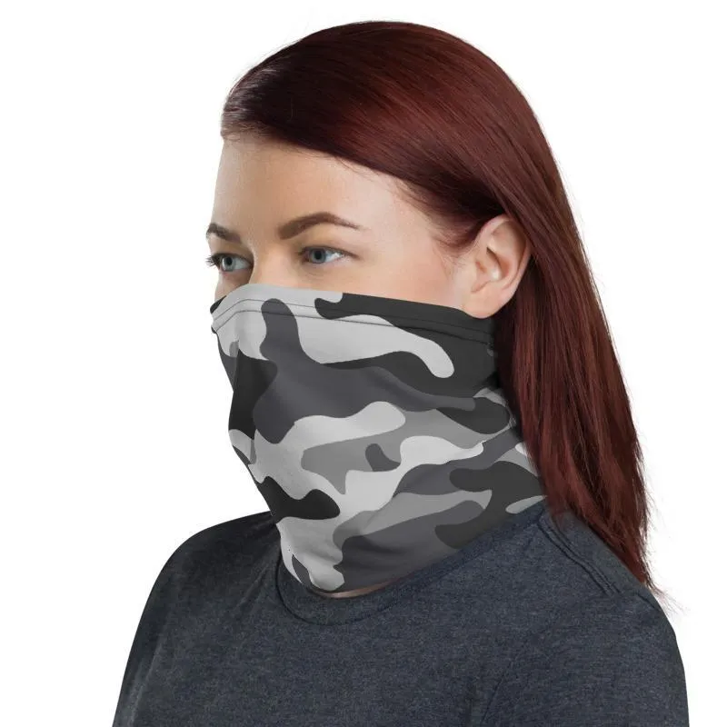 Gray Camouflage washable reusable scarves mask, grey military army tactical camo fabric print patter, neck gaiter bandana mens cover scarf