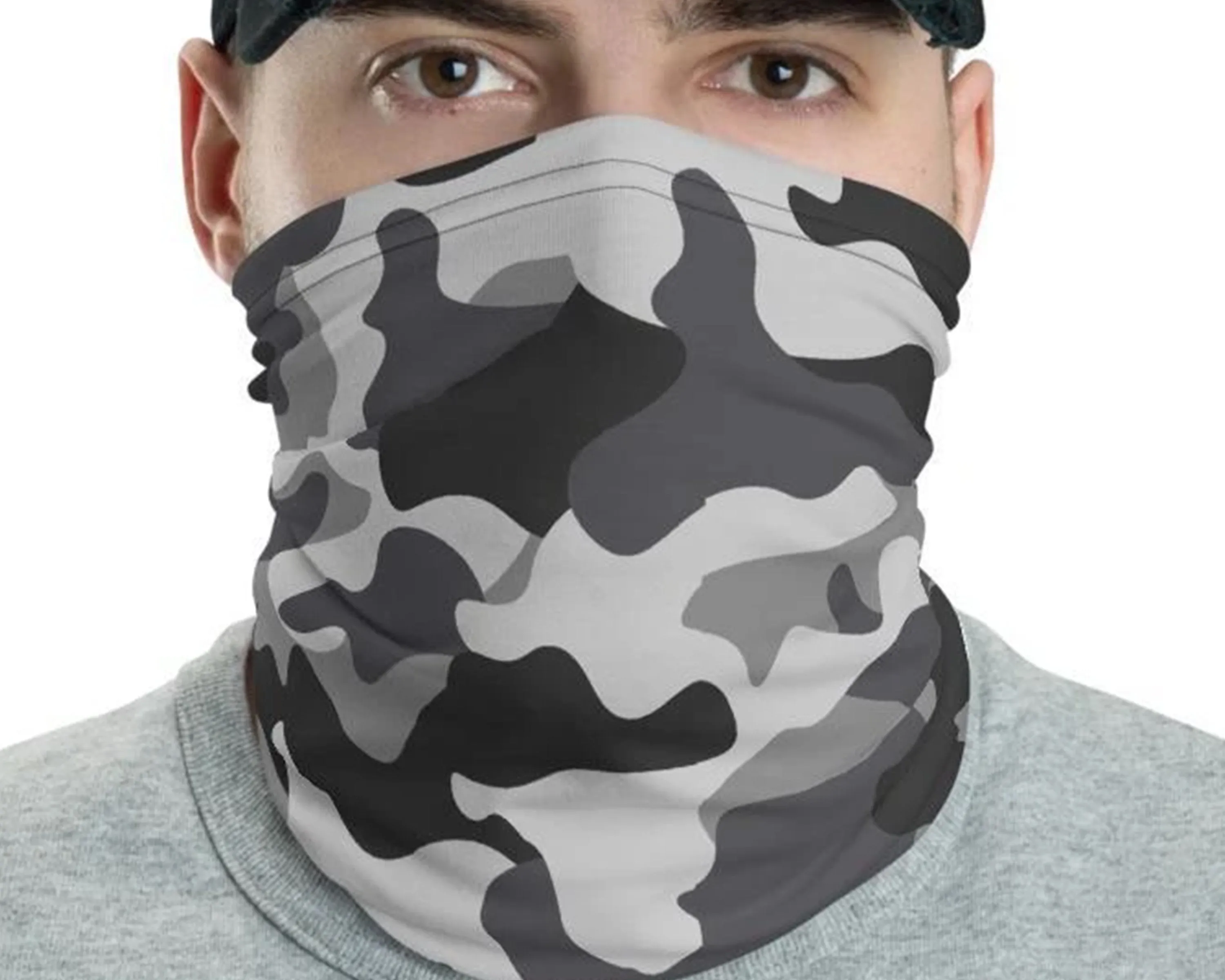 Gray Camouflage washable reusable scarves mask, grey military army tactical camo fabric print patter, neck gaiter bandana mens cover scarf