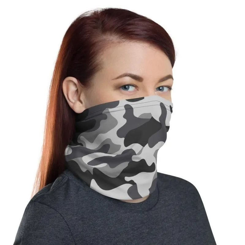 Gray Camouflage washable reusable scarves mask, grey military army tactical camo fabric print patter, neck gaiter bandana mens cover scarf