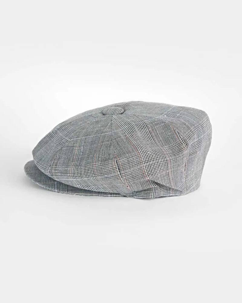 Grey & Red Check Linen Gatsby Cap