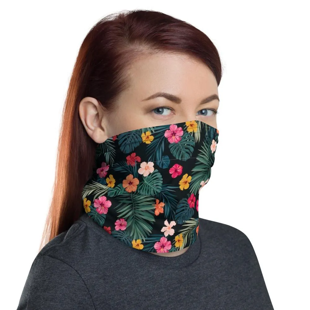 Hawaiian tropical hibiscus flowers & leaves nature neck Gaiter scarf mask, reusable washable fabric, tube scarf Face cover, Gift for women