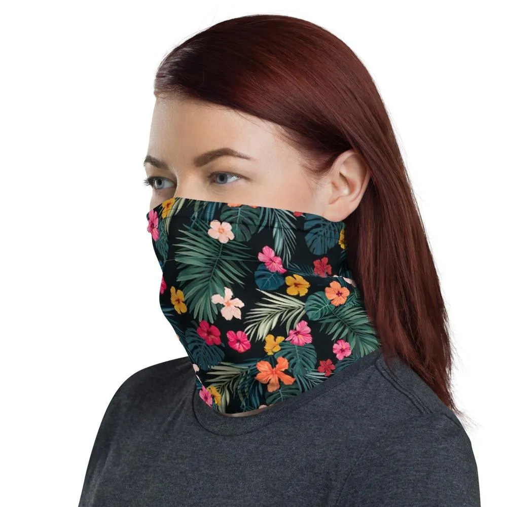 Hawaiian tropical hibiscus flowers & leaves nature neck Gaiter scarf mask, reusable washable fabric, tube scarf Face cover, Gift for women