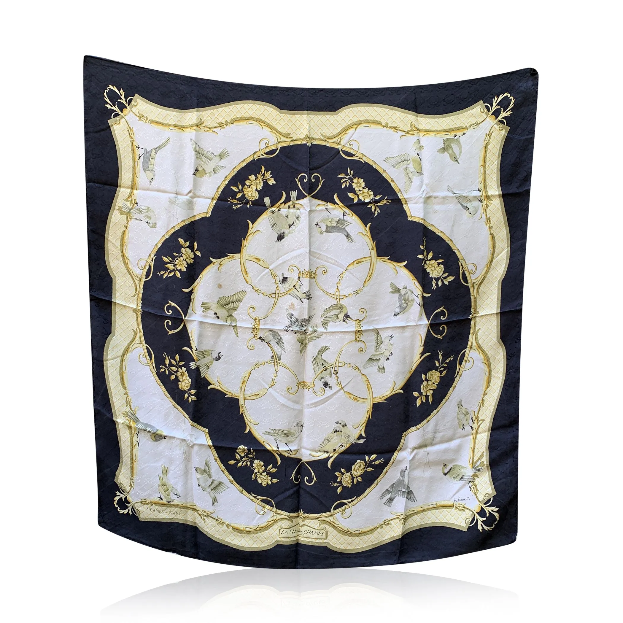 Hermes White Silk Jacquard Scarf La Cle Des Champs 1965 Faconnet