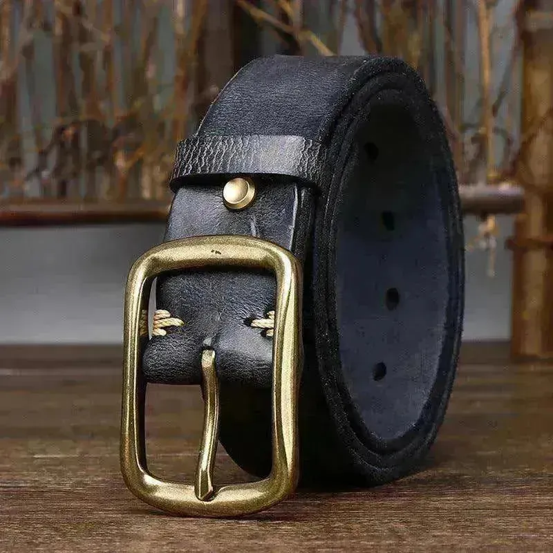 Men's Cowhide Vintage Distressed Pleated Brass Buckle Belt