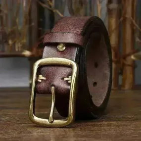 Men's Cowhide Vintage Distressed Pleated Brass Buckle Belt