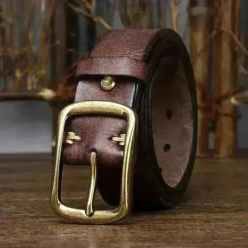 Men's Cowhide Vintage Distressed Pleated Brass Buckle Belt