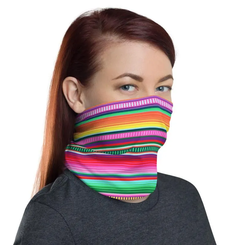 Mexican rug pattern Serape rainbow colorful fuchsia stripe Bohemian design neck gaiters face mask covers, tube scarf, Balaclava, men women