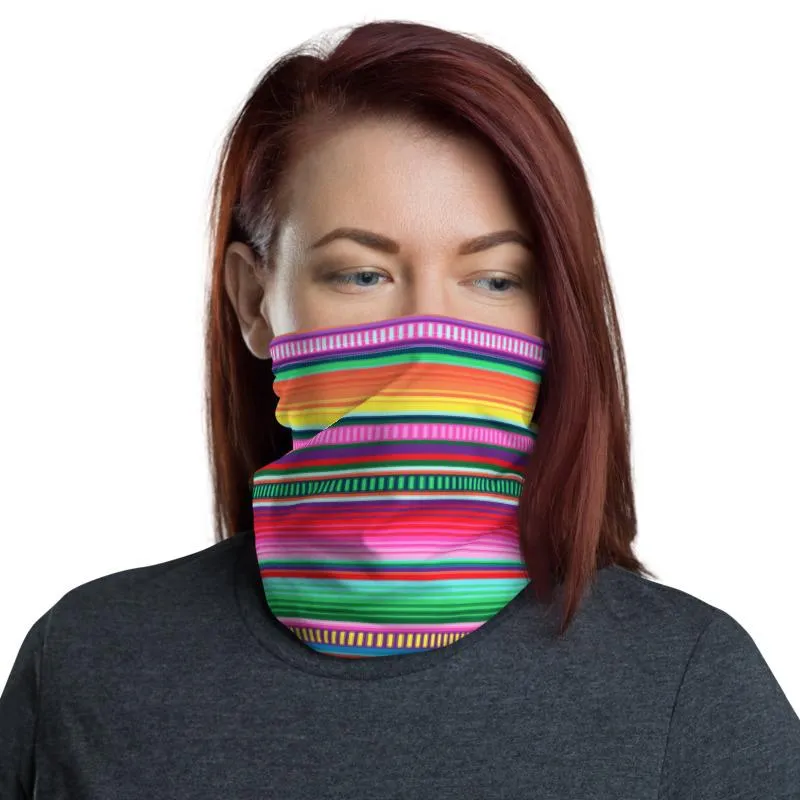 Mexican rug pattern Serape rainbow colorful fuchsia stripe Bohemian design neck gaiters face mask covers, tube scarf, Balaclava, men women