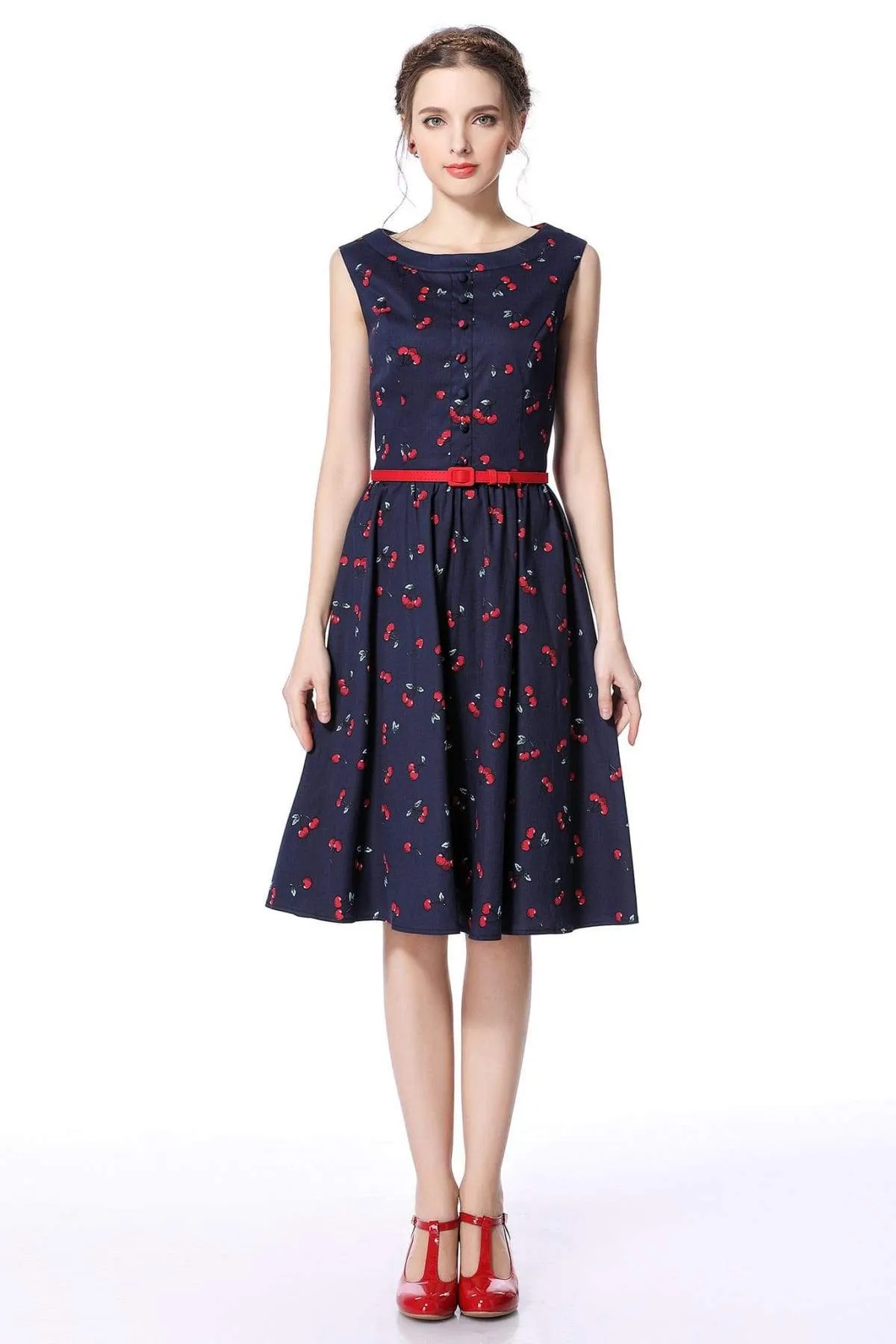 Red Cherry and Navy Buttoned Boat Neck Vintage Swing Dress