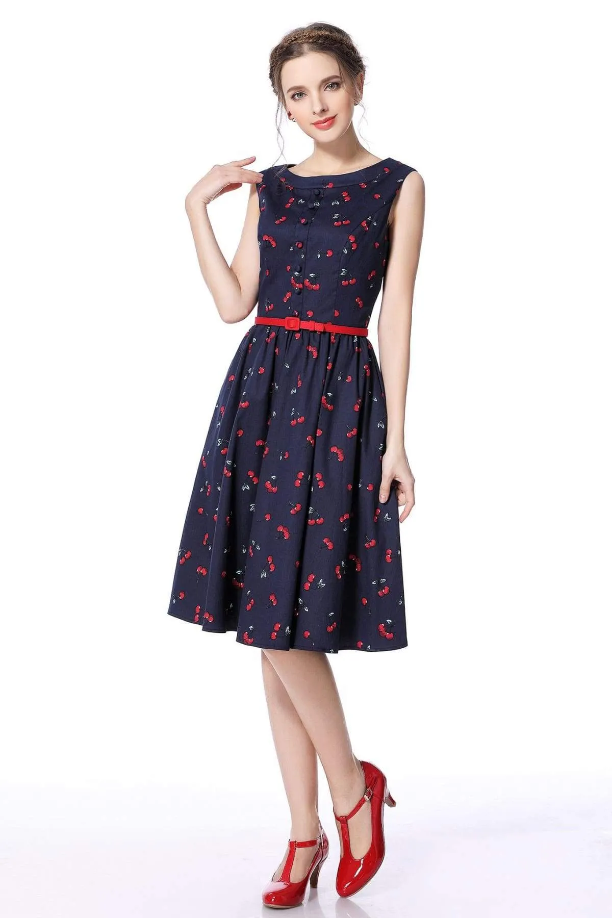 Red Cherry and Navy Buttoned Boat Neck Vintage Swing Dress