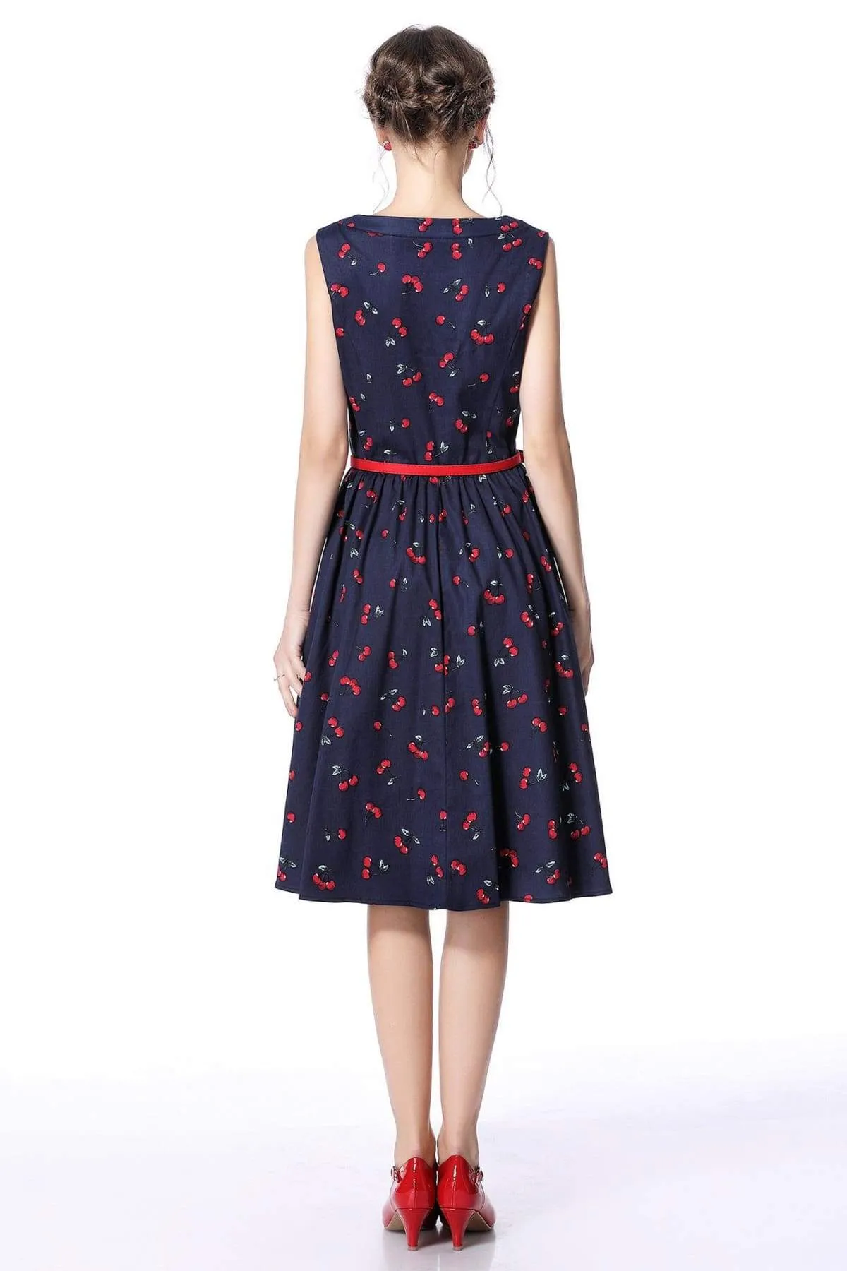 Red Cherry and Navy Buttoned Boat Neck Vintage Swing Dress