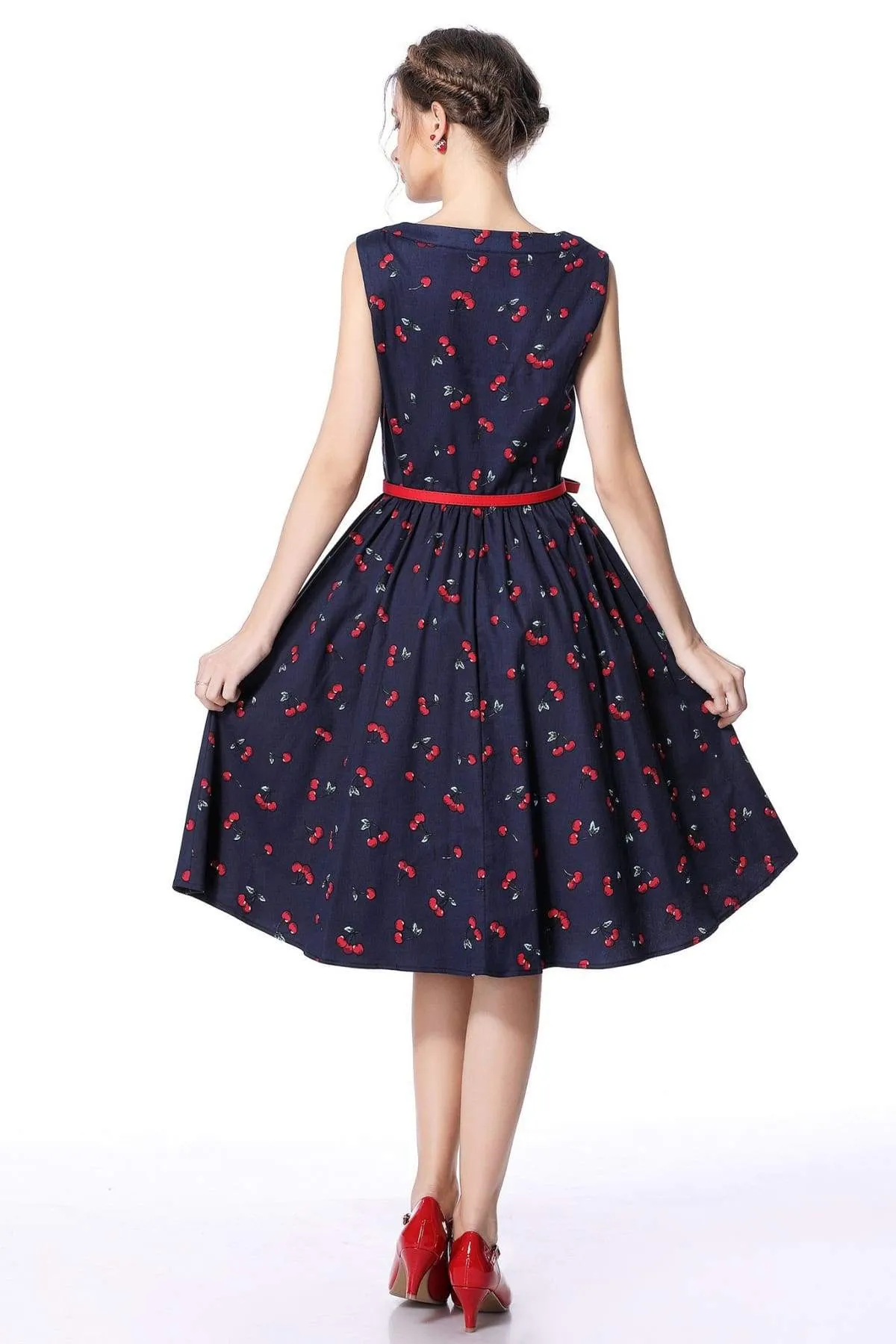 Red Cherry and Navy Buttoned Boat Neck Vintage Swing Dress