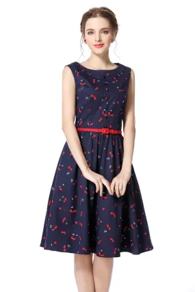 Red Cherry and Navy Buttoned Boat Neck Vintage Swing Dress